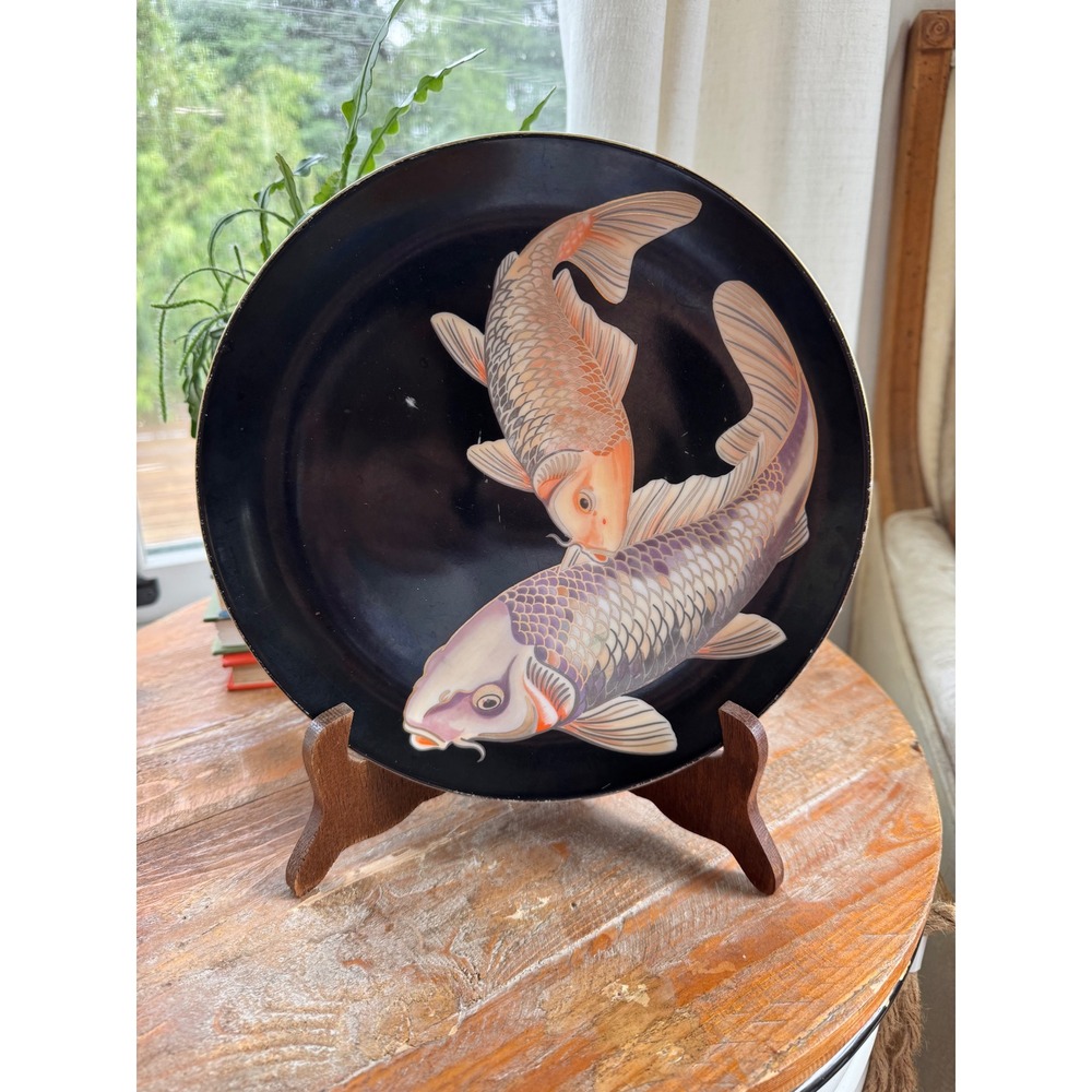 Fitz and Floyd Koi Pond Fine Porcelain Plate Vintage Japan Black‎ Gold 7.5 Inch